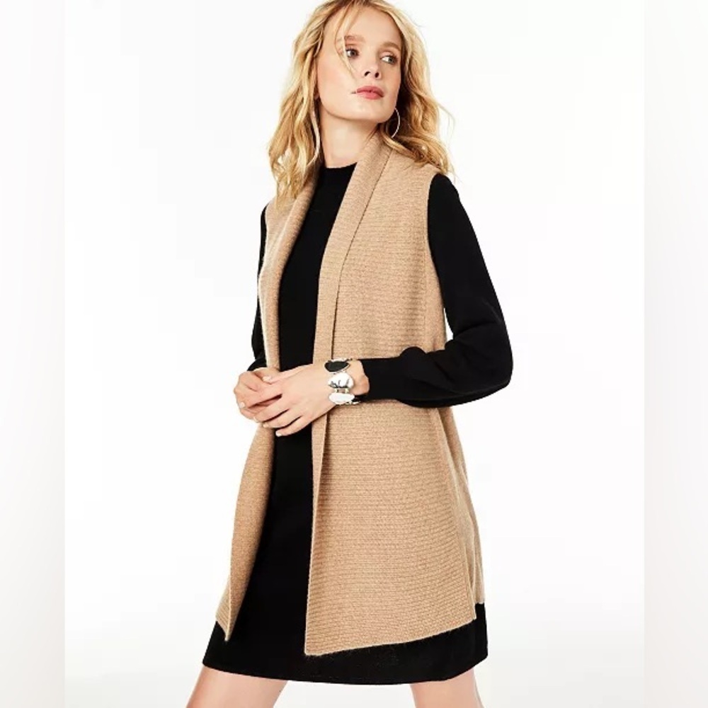 Charter Club Sleeveless Open-Front Cashmere Sweater Medium Beige Camel